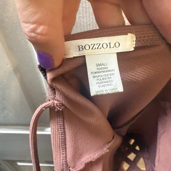 Bozzolo Ribbed Bodycon Mini‎ Dress - Mauve Criss-Cross Front (Small) - Image 3