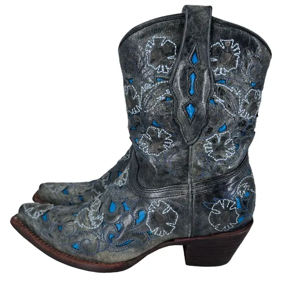 CORRAL Snip Toe Boots Blue‎ Gray Inlay Cowboy Angel Wing & Dove Size 6.5M - Image 6