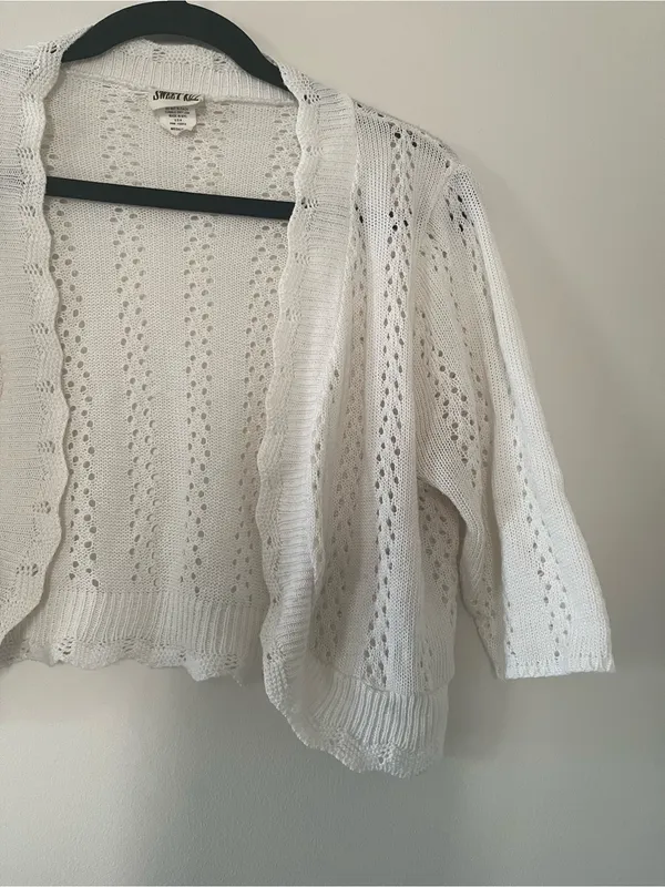 White Open Knit Crochet Cropped Bolero Cardigan Medium Romantic Cottagecore - Image 4