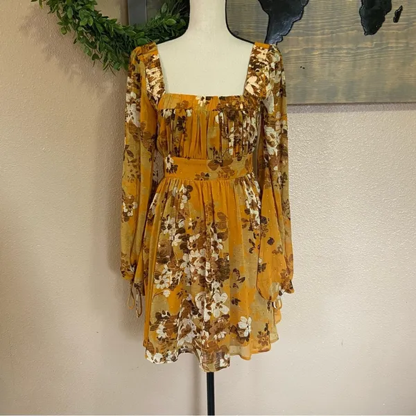 NWOT Lulus Gorgeous Vibe Yellow Floral Print Babydoll Mini Dress - Image 3