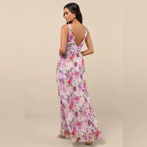 LULU’S Morgana Pink Multi Floral Satin Pleated Maxi Dress - Image 6