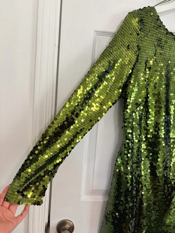 Anthropologie Green Sequin Mini Dress US 4 Party Cocktail Glam Open Back Long Sleeve - Image 8