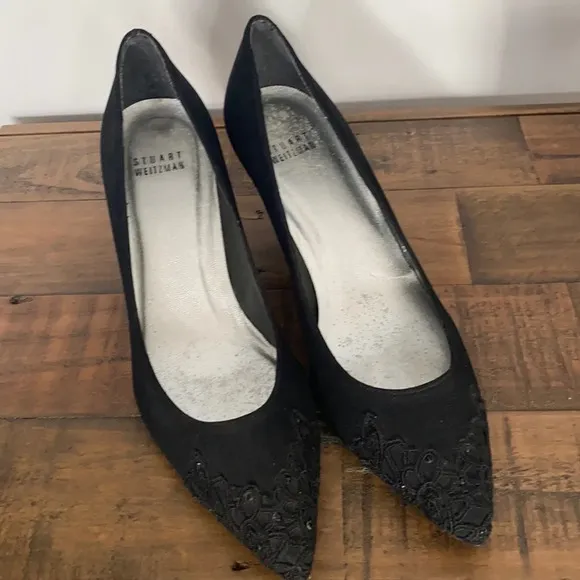 Stuart Weitzman Women’s Black Sequence Dressy Formal Low Pumps Kitten Heel 7 - Image 2