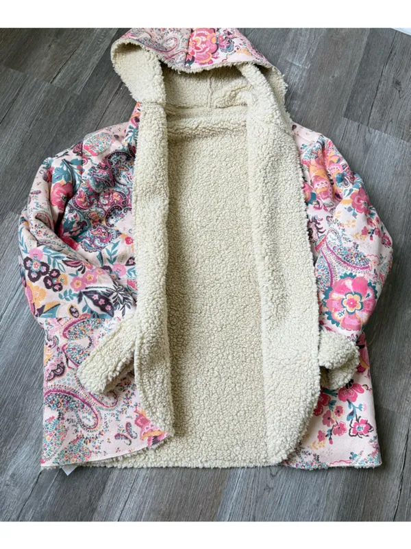 Boutique Floral Hooded Coat Teddy Sherpa Jacket Paisley Pink Multicolor Size S - Image 3