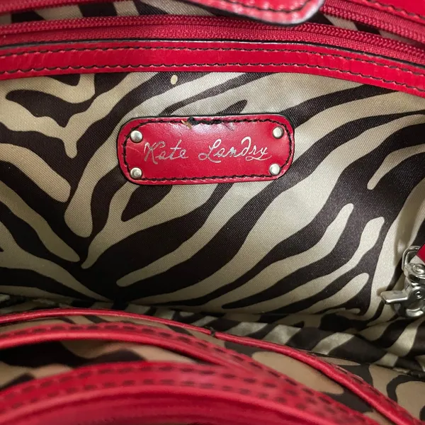Kate Landry Red Leather Shoulder Bag Zebra Print Lining‎ Multi Compartment Tote - Image 4