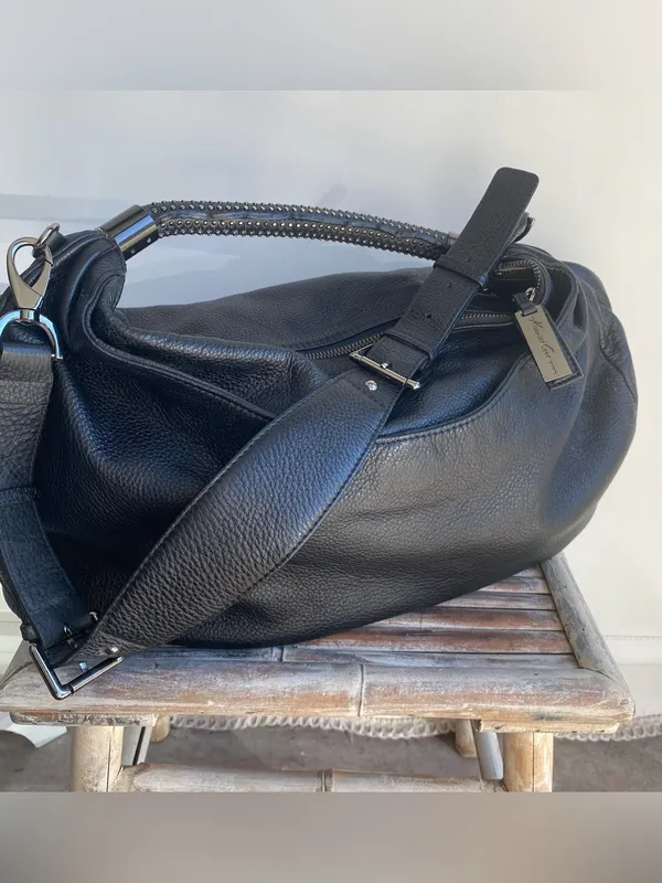 Y2K Kenneth Cole black pebbled leather slouchy hobo studded handle shoulder bag - Image 3