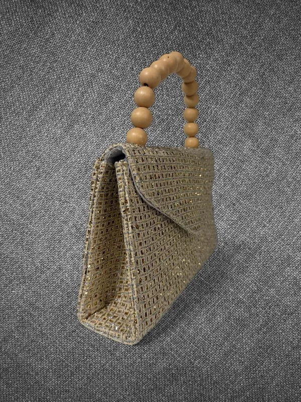 Metallic Gold Woven Envelope Handbag With Wooden Bead Handle And Chain Strap - Image 2