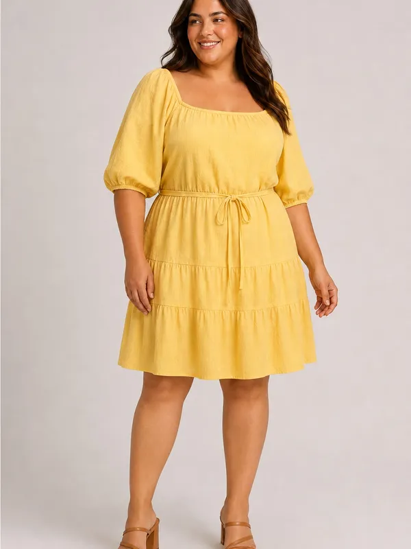 Women’s Plus Size 2X Yellow Square Neck Puff Sleeve Tiered Midi Dress - Image 5