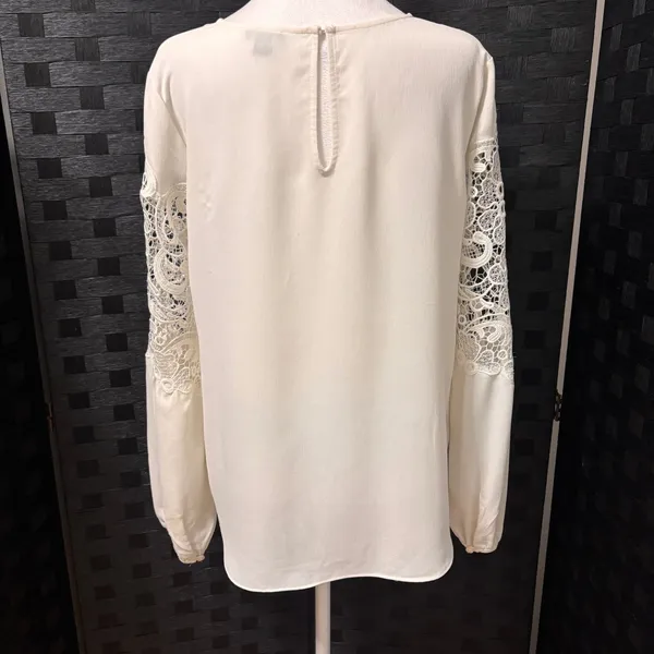 Ann Taylor Gauzy Blouse Womens S Cream Lace Crochet Lantern Sleeve‎ Boho Office - Image 4