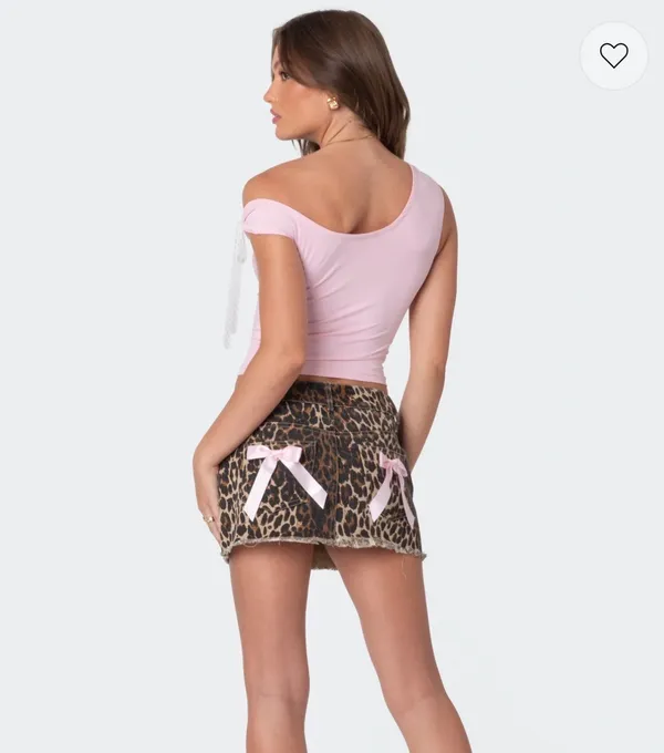Edikted Cheetah denim skirt with pink bows - Image 2
