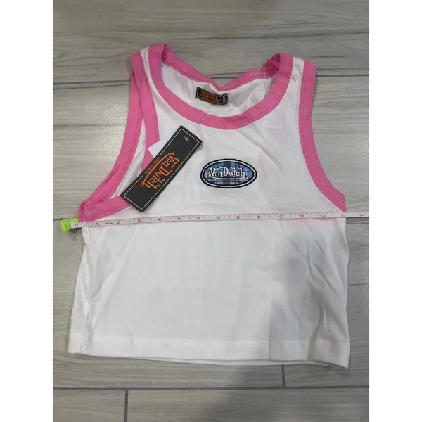 Von Dutch Pajama Set White Pink Ringer Crop Top Blue Plaid Shorts Small NWT - Image 8