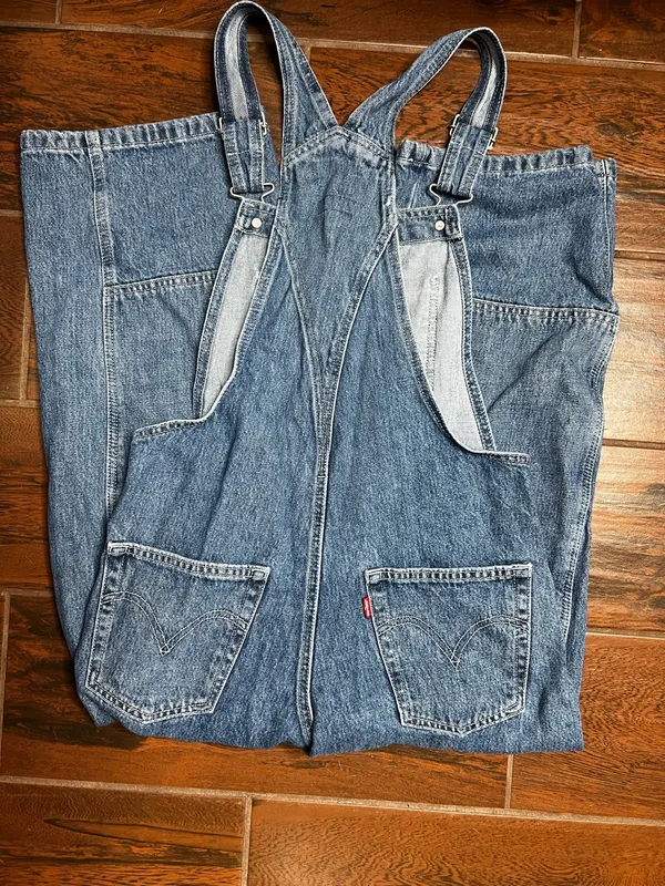 Levi’s Premium Utility Double Knee Wide Leg Dark Wash Denim Jean Overalls XS - Image 4