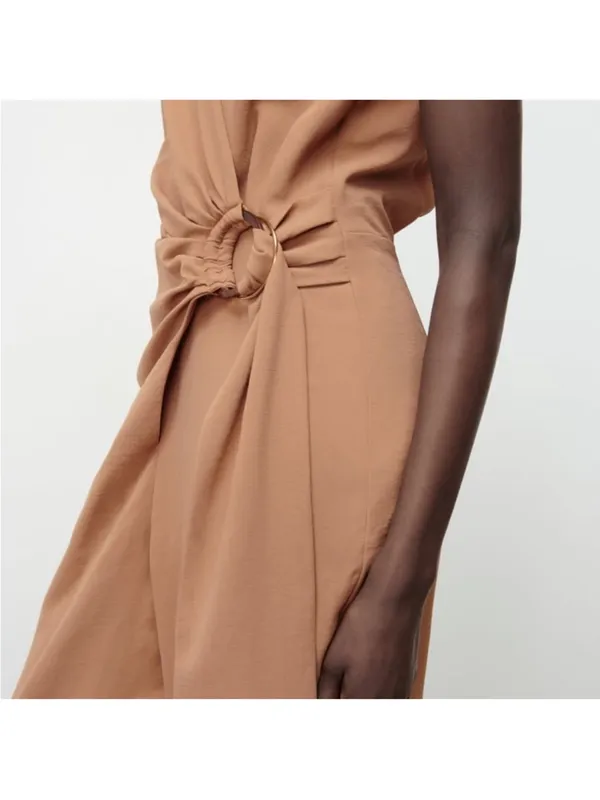 Zara Sleeveless V-Neck Jumpsuit with Side Knot in Camel Brown - Image 3