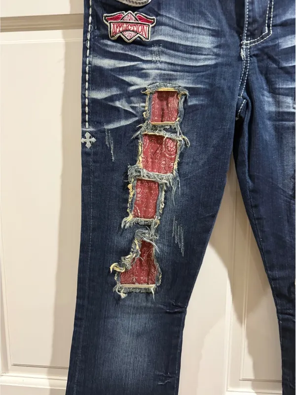 Affliction Jade Women's Distressed Blue Jeans with Red Bandana Patch Size 31 - Image 2