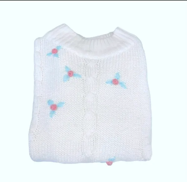 Vintage White Cable Knit Rosette Sweater Pink Mint Green Floral M Pastel Cottage - Image 3