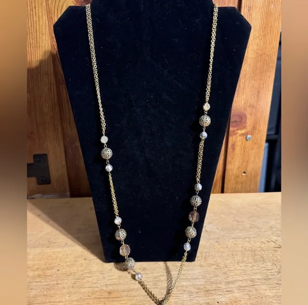 Long Layered Gold Tone Beaded Cross Rhinestone Necklace - Image 4