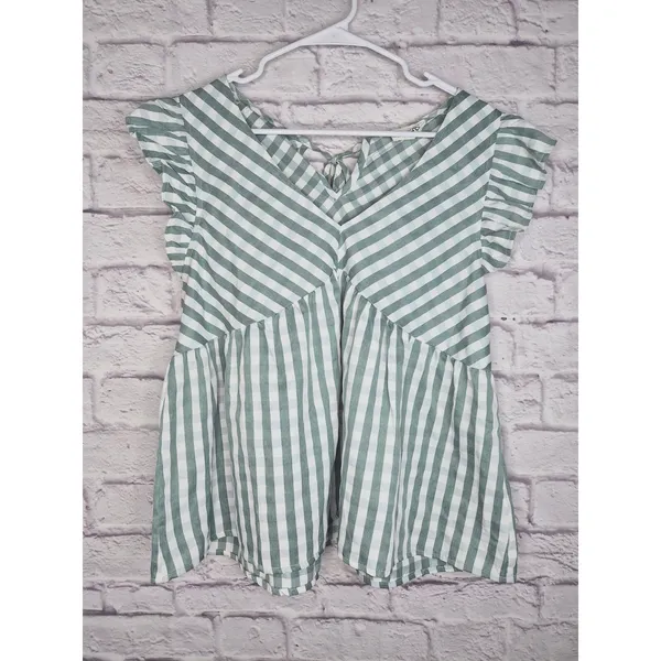 &merci Gingham Peplum Blouse Size L Green White Ruffle Cap Sleeve Tie Back Top - Image 3