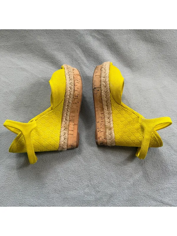Gucci Microguccissima Yellow Suede Espadrille Platform Wedge Sandals 36.5 - Image 13