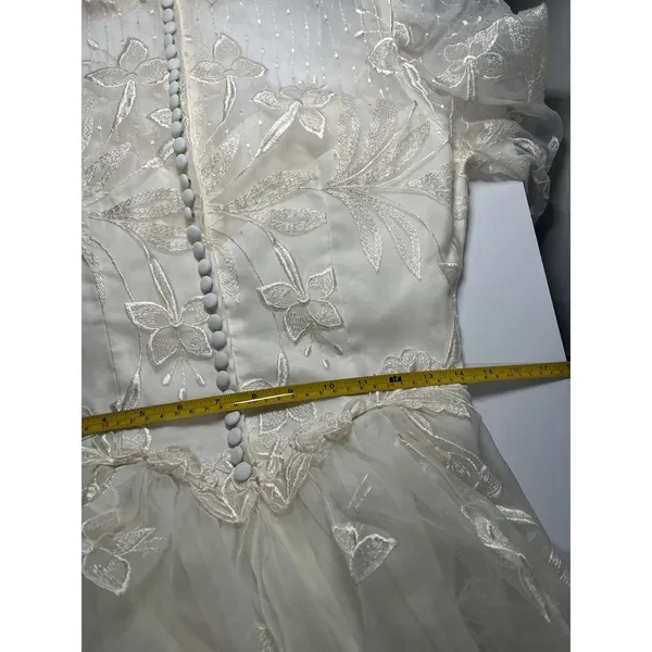 Vintage 80s‎ Victorian Revival Wedding Dress Ivory High Neck Sheer Lace Illusion - Image 15