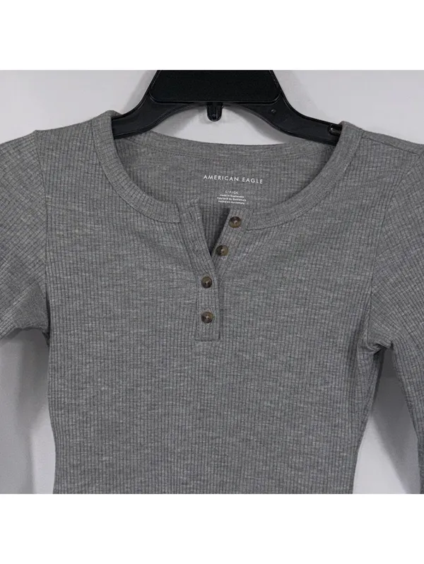 American Eagle Small Gray Ribbed Henley Bodysuit Long Sleeve - Image 2