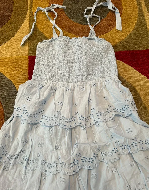 American Eagle Light Blue Eyelet Ruffle Smocked Tie Sleeve Mini Dress Medium - Image 2