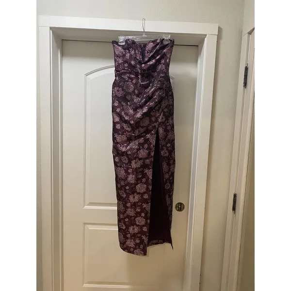 Lulus Dress Womens Small Purple Floral Strapless Jacquard Maxi Slit Gown Formal - Image 2