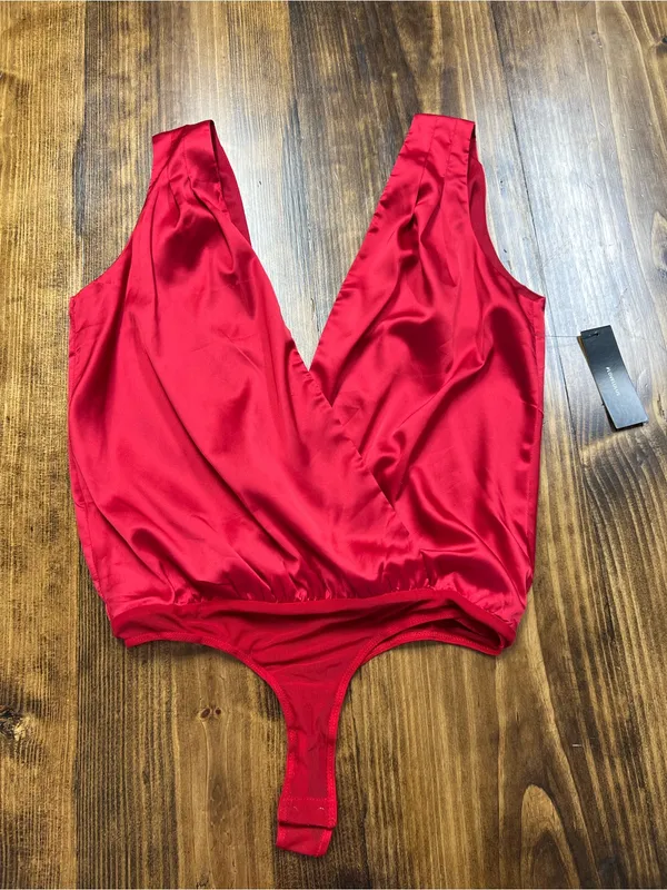 Lulus Prize Winning Red Satin Faux Wrap Bodysuit Size Small NWT - Image 6