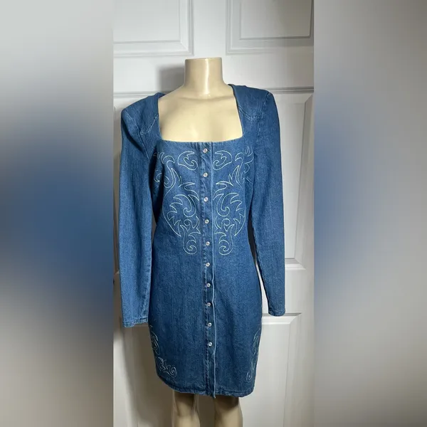 Avec Les Filles Western Embroidery Long Sleeve Straight Neck Denim Mini Dress - Image 9
