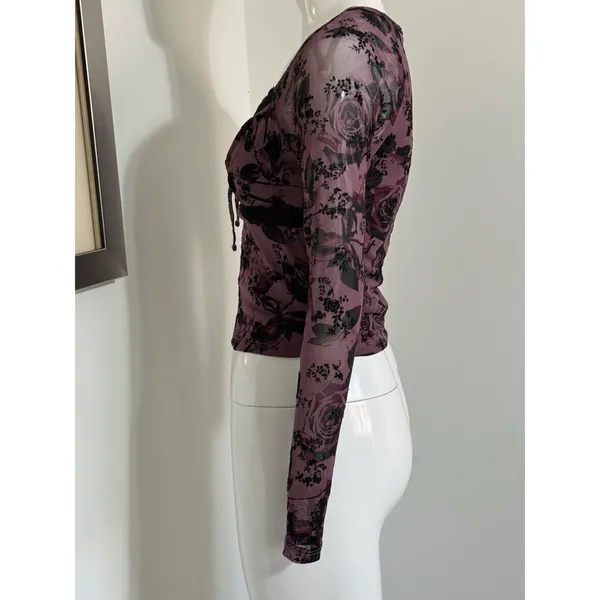 Derek Heart Y2K Purple Mesh Floral Lace Trim Long Sleeve Crop Top Grunge Blouse Women’s M - Image 3