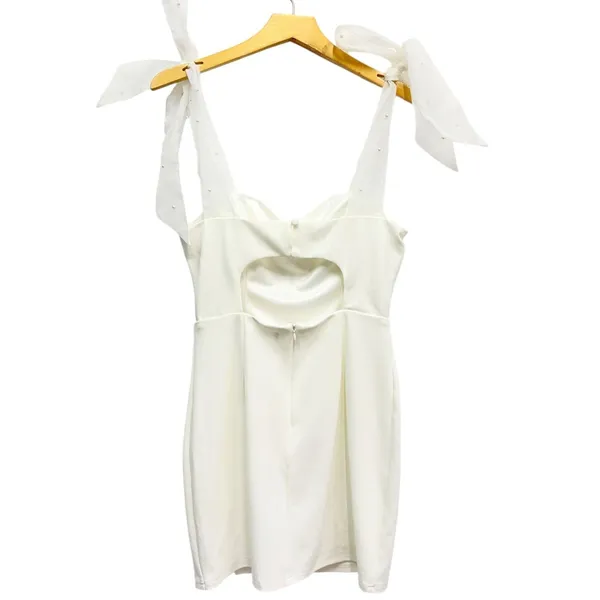 Lulus Beaming Perfection White Pearl Organza Tie-Strap Mini Dress size M - Image 4