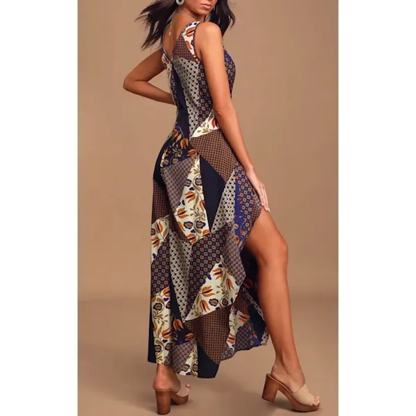 NWOT Lulus Bon Voyage Navy Blue Mixed Print Wide Leg Jumpsuit Slit Pants XS - Image 3