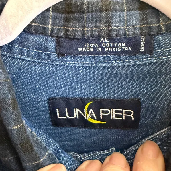 Luna Pier Button Up Denim XL Blue Scarecrow Patchwork Blue Shirt Novelty Fall - Image 7