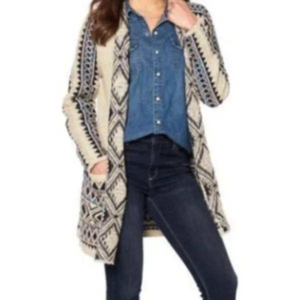 LUCKY BRAND Aztec Open Cardigan Tribal 3rd Piece Multi Navy Blue Boho Duster S - Image 3