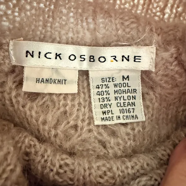 VTG Women Wool Mohair Cable Knit Turtleneck Sweater M Taupe Handknit Chunky - Image 2
