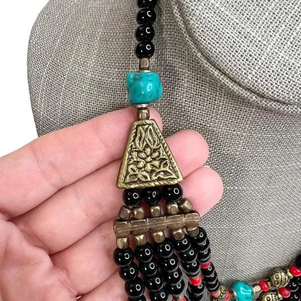 Faux Turquoise & Glass Beaded Multi Strand Layered Statement Bib Necklace - Image 2