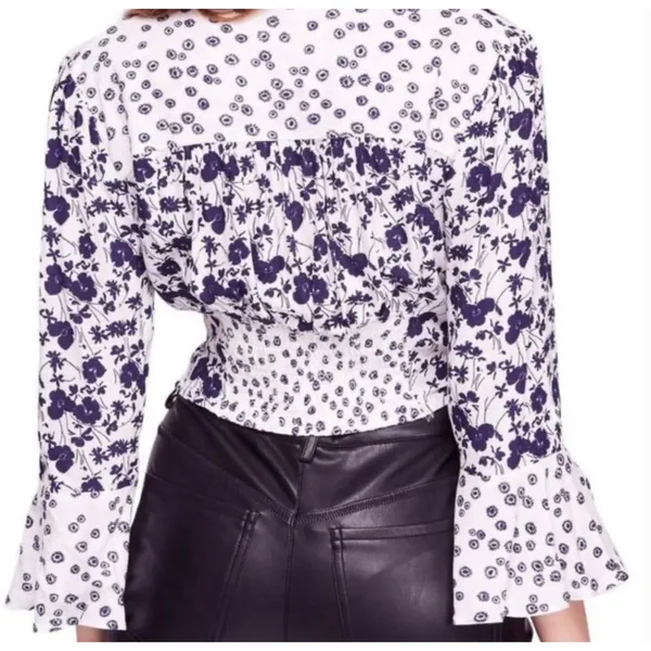 Free People Lady Bohemian Cropped Blouse Navy White‎ Floral Bell Sleeve Large - Image 2