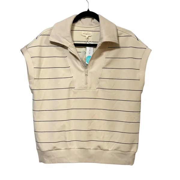 Thread & Supply Paris Stripe Sleeveless Quarter Zip Sweatshirt Cream Navy Large - Image 2