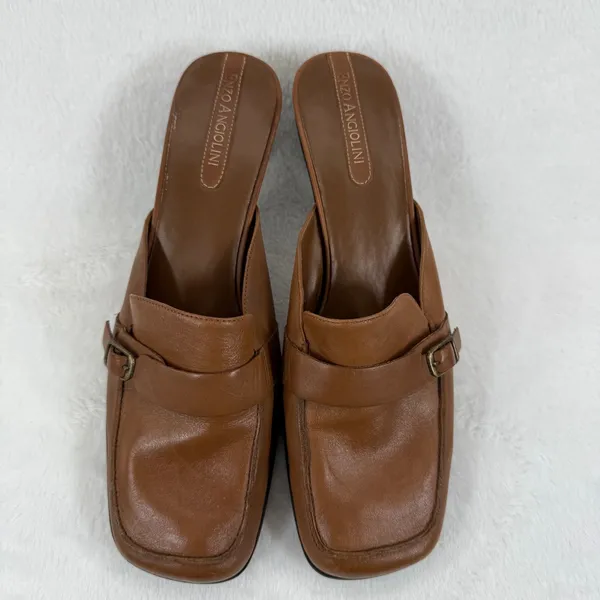 Enzo Angiolini Brown Leather Mules Heels Buckle Detail Square Toe Size‎ 8.5M - Image 2