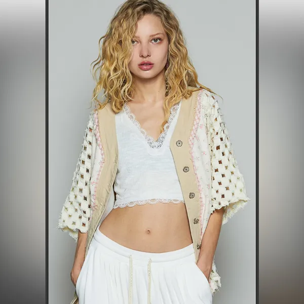 M POL Patchwork Cream and Beige Crochet Sleeve Cardigan - Image 4