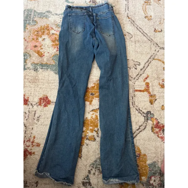 Womens Medium Wash Raw Hem Flare Jeans Frayed Waistband Denim Trousers - Image 4