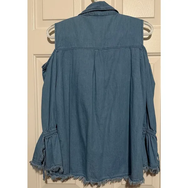 Angela Plus Blue Denim Cold Shoulder Long Sleeve Button Front Blouse Size ? - XL - Image 2