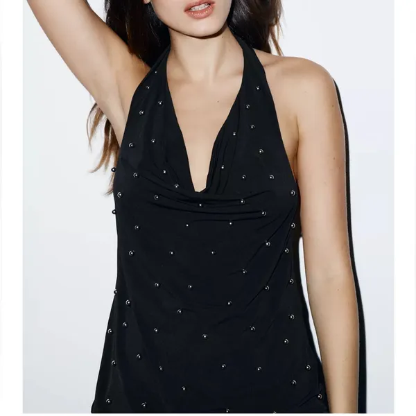 Zara NWT black cowl neck halter top with embellished dotted studs - Image 3