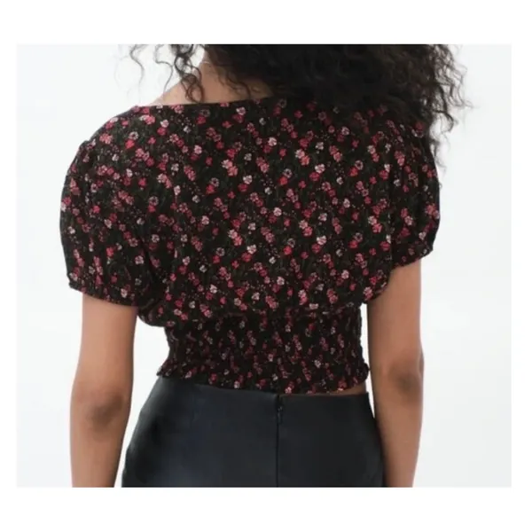 AEROPOSTALE Floral Crop Top Women XL Black Pink Smocked V-Neck Puff‎ Sleeve NWT - Image 3