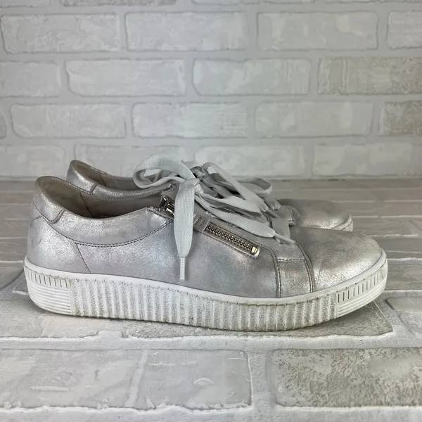 Gabor Platform Sneakers Womens 8 Silver Leather Metallic Lace Up Zip Comfort - Image 3
