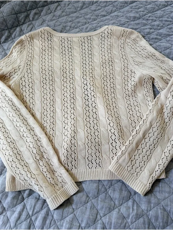 American Eagle Outfitters Cream Openwork V-Neck Cardigan - Image 3