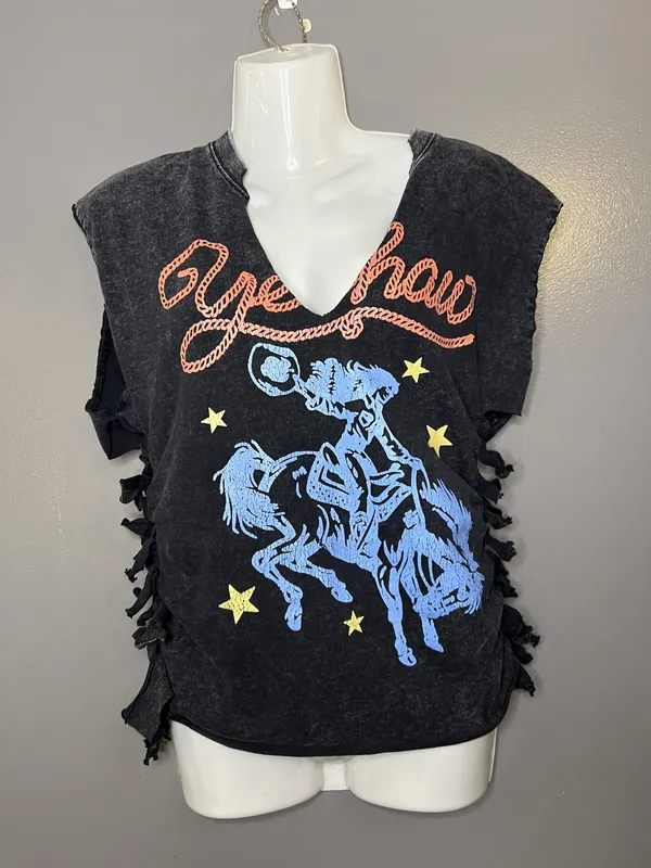 Yeehaw Graphic Shirt Womens Small Black Sleeveless V Neck Western Rodeo Cowgirl - Image 2