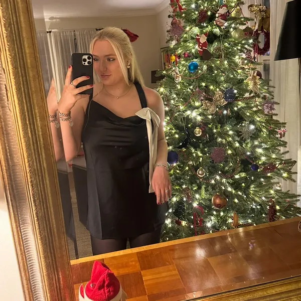 Forever 21 black satin dress with a white bow accent - Image 2