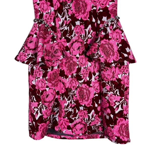 Zara Peplum Strapless Floral Jacquard Mini Dress Pink Rhinestone Party Size L - Image 3