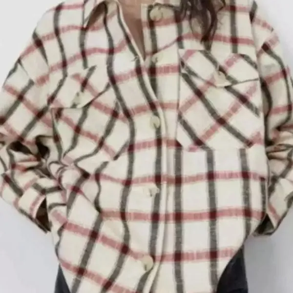 Zara white red and black oversized Plaid jacket size medium women's - Image 2