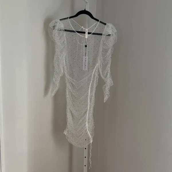 FOR LOVE & LEMONS White Puff Sleeve Sheer Tulle Dress Rhinestone Pearls Sz Med - Image 4